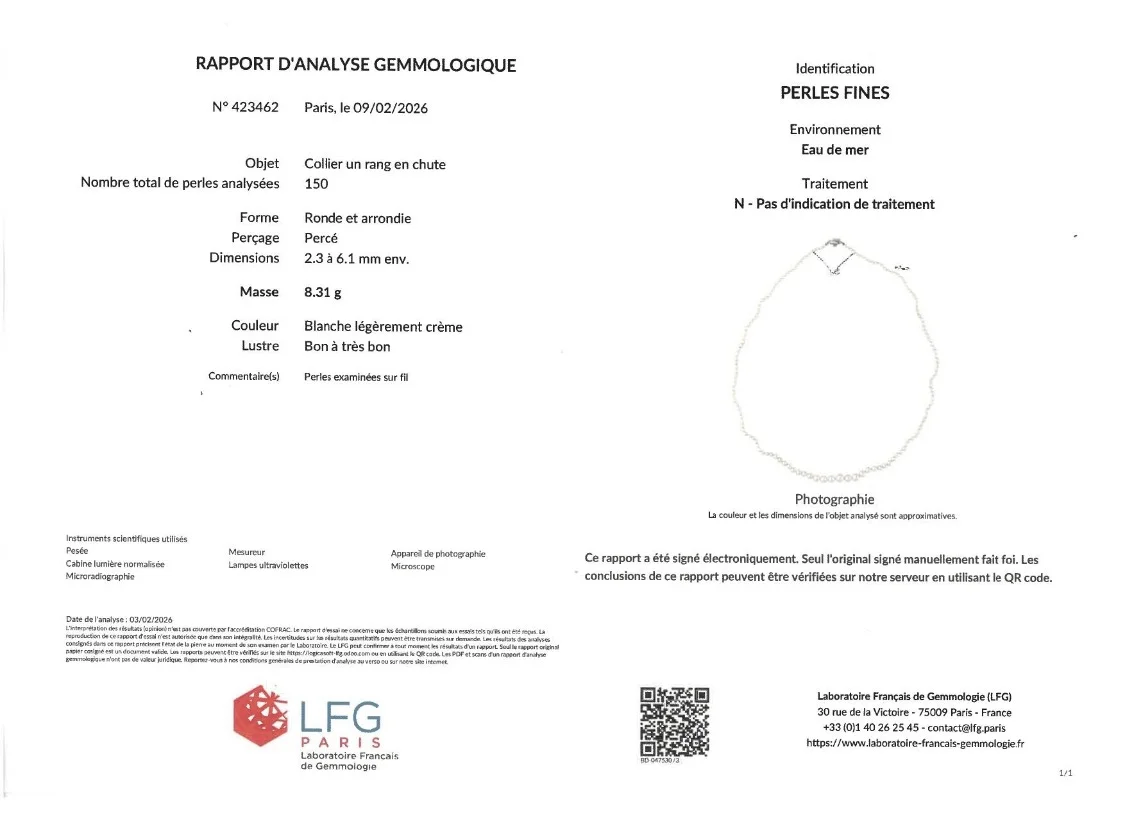 LFG Certificate — 150 Natural Pearls